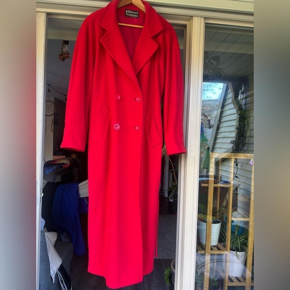 EDWARD CHAPMAN Cashmere Virgin Wool Stunning Red Long Coat S10 Like New W/ Belt - Picture 2 of 16
